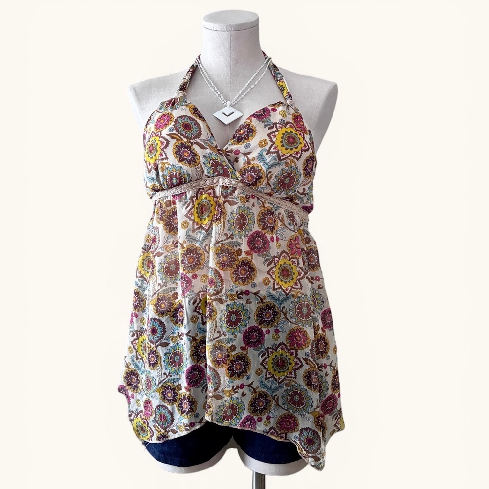 Jordache Boho Floral Halter Top Babydoll Indie Festival Shimmer Mini